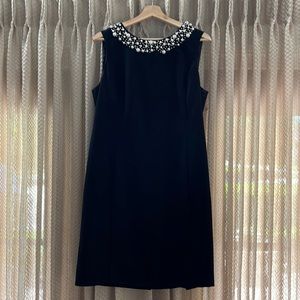 Ellen Tracy black shift dress, faux-pearl embellished scoop neckline, 14P